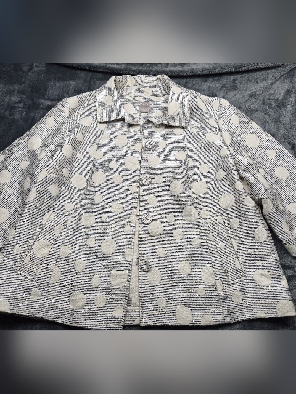 Chico's Womens Jacket Gray Shine Jacquard Circles And 3/4 Sleeves Size 3  16-18
